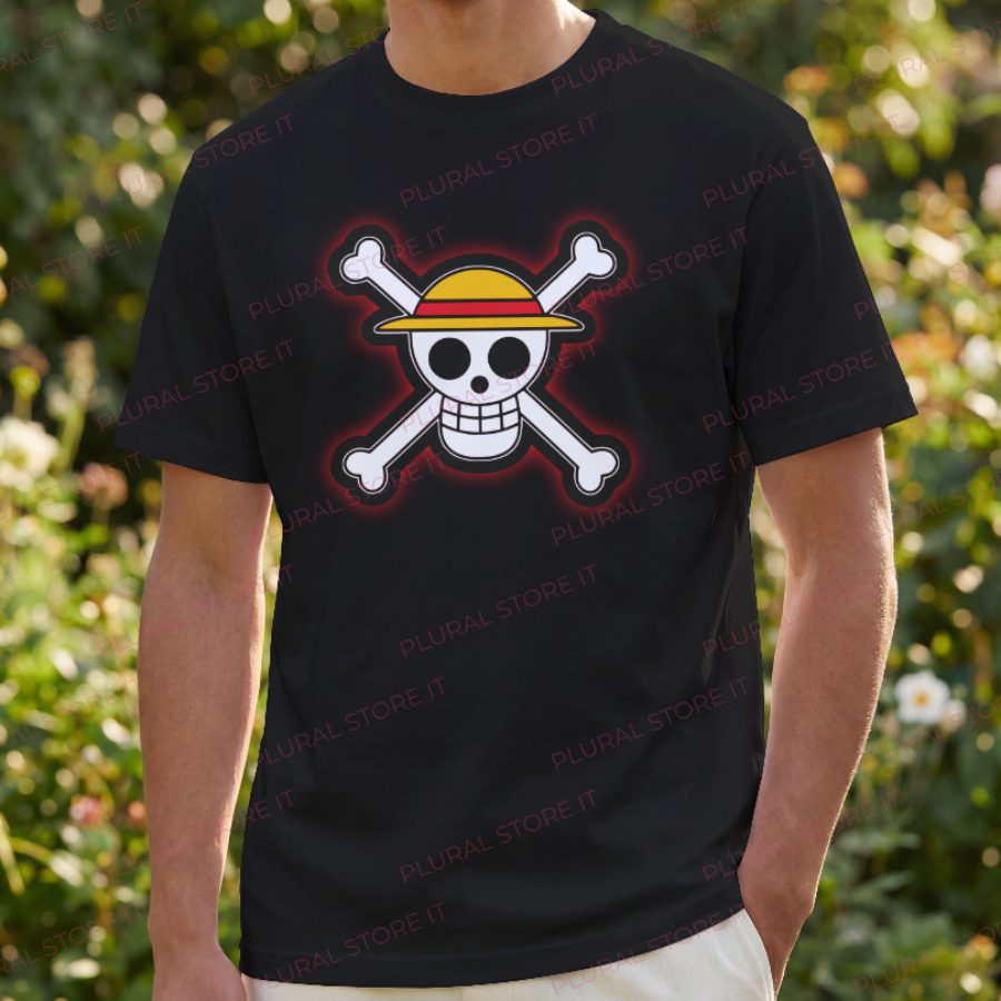 ONE PIECE T SHIRT TESCHIO CONTORNO ROSSO NERO